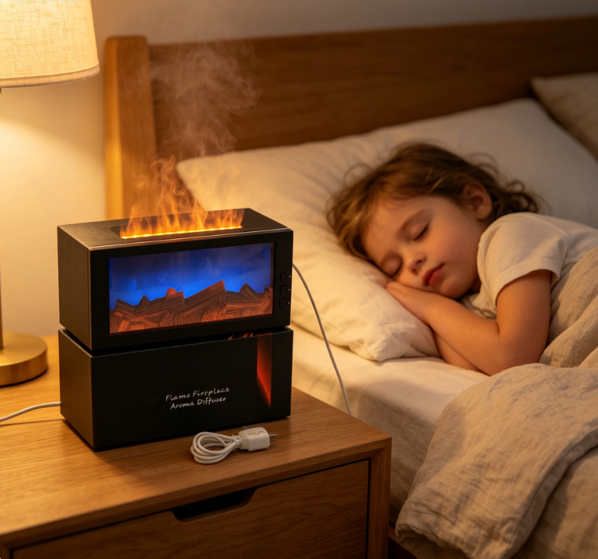 Yminigo PW01 3D Flame Ultrasonic Humidifier – 300ml with Realistic Campfire Glow, 7-Color Lights & Remote Control