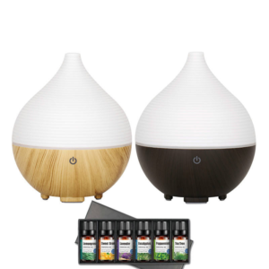 Yminigo dome aroma diffuser in light and dark wood grain with essential oil set