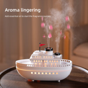 Yminigo YX-3000 white boat aroma diffuser with essential oil mist and pink petals