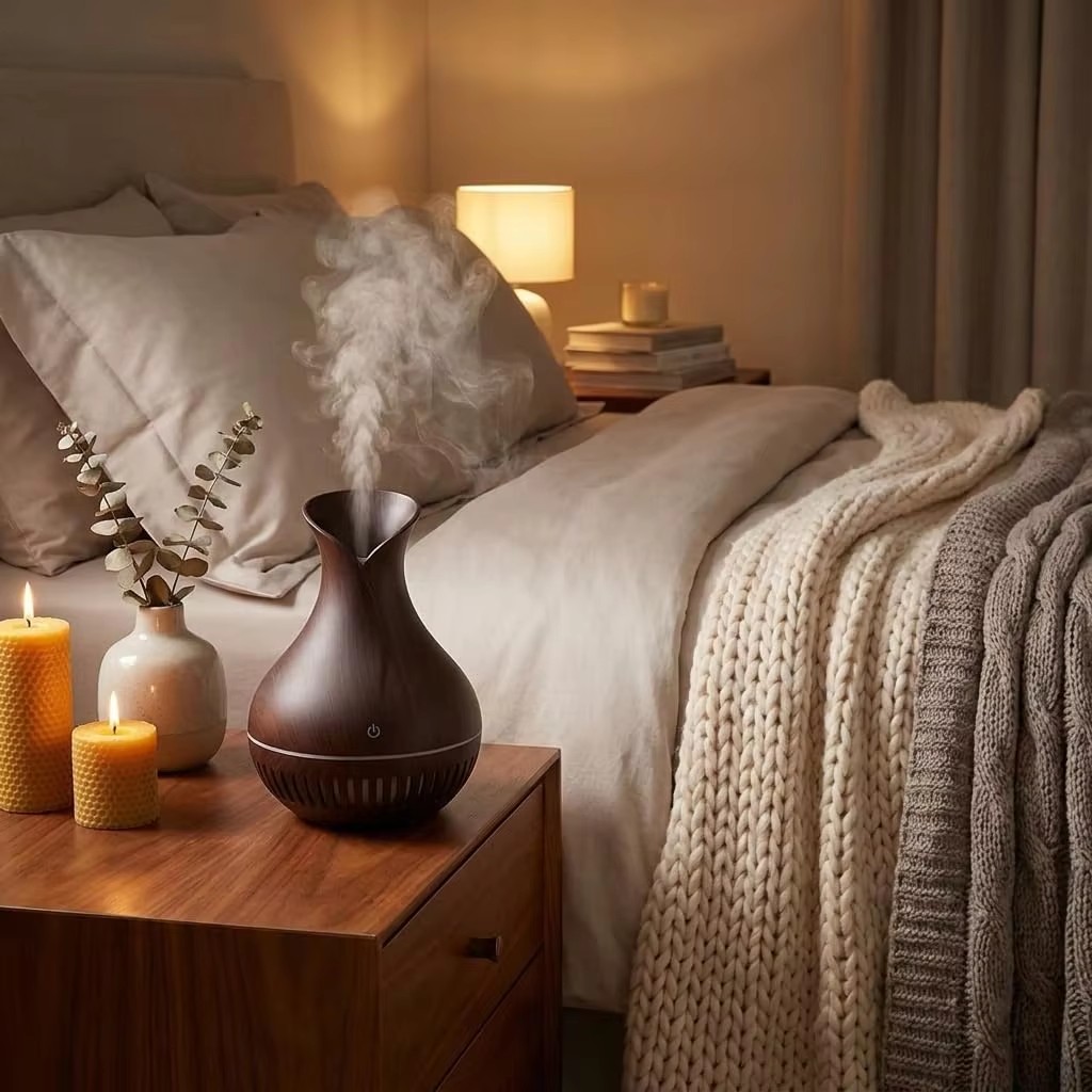 Yminigo KJR-097 dark wood grain humidifier on nightstand in cozy bedroom