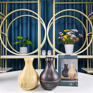 Yminigo KJR-097 vase wood grain humidifier in light and dark wood grain with packaging