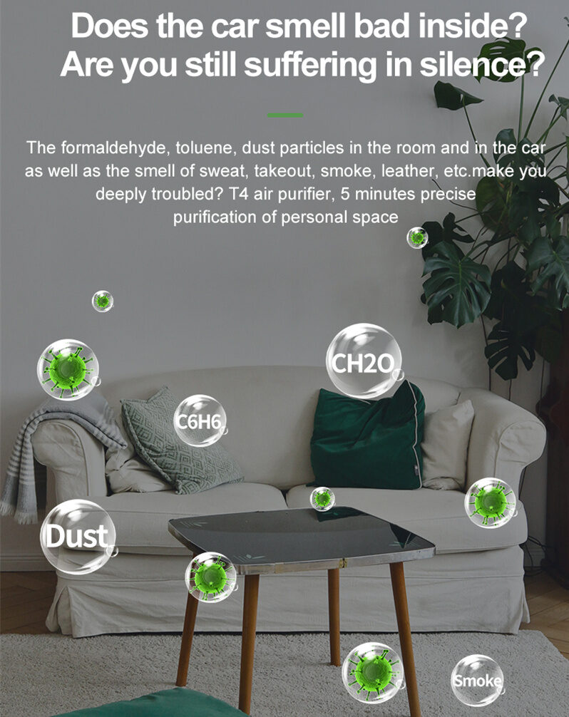 Yminigo T4 air purifier removing formaldehyde, dust, smoke and odor in living room