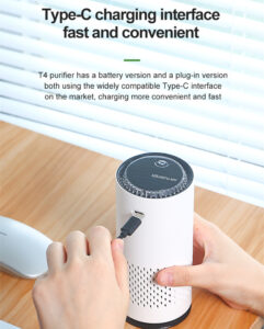 Yminigo rechargeable car purifier charging with Type-C cable