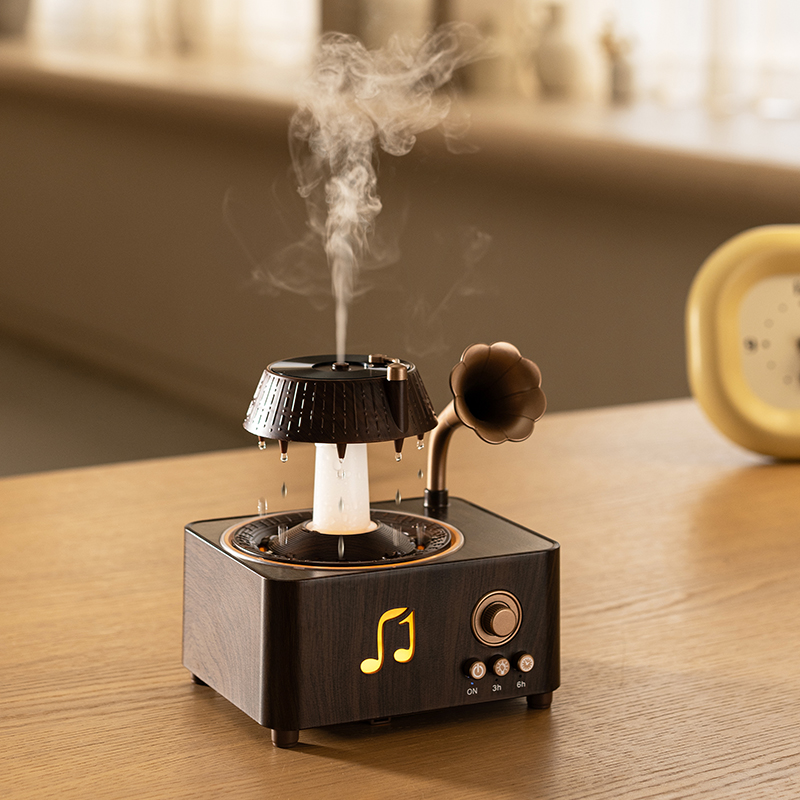 Yminigo V98 Gramophone Aroma Diffuser – 250ml with White Noise Speaker, Rotatable Raindrop & 7-Color Light - Image 2