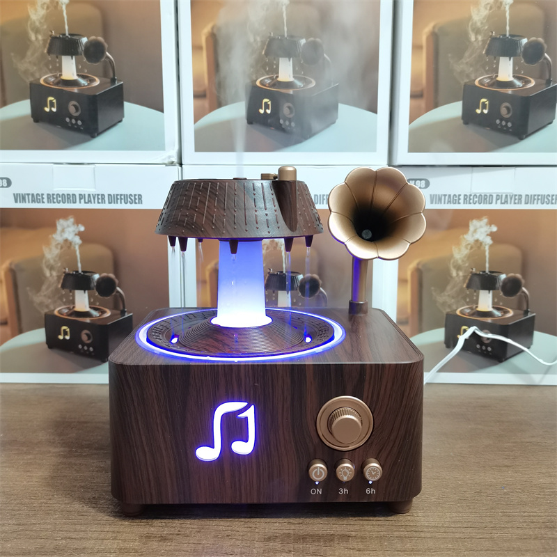 Yminigo V98 Gramophone Aroma Diffuser – 250ml with White Noise Speaker, Rotatable Raindrop & 7-Color Light - Image 3