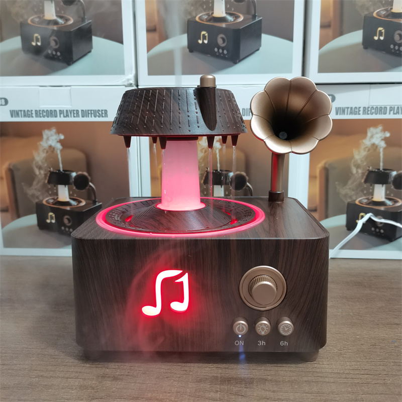 Yminigo V98 Gramophone Aroma Diffuser – 250ml with White Noise Speaker, Rotatable Raindrop & 7-Color Light - Image 4