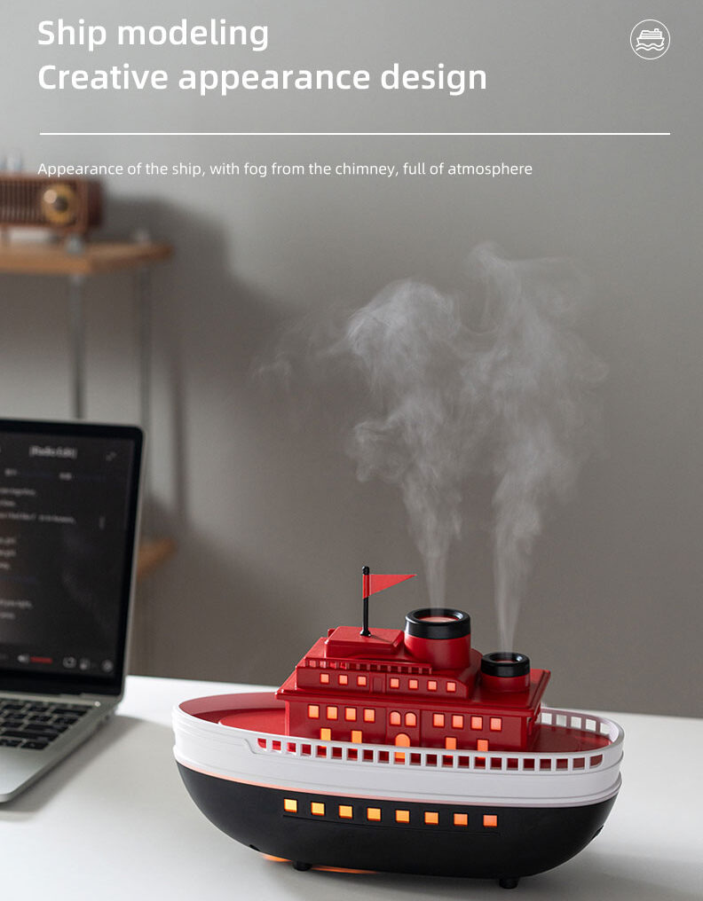 Yminigo YX-3000 boat flame aroma diffuser with mist from chimney on desk
