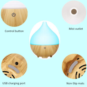 Yminigo dome wood grain aroma diffuser with control button, mist outlet and USB charging port