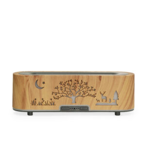 Yminigo Wood Grain Hollow Elk Moon Night Aroma Diffuser – 200ml with Simulation Flame, 7-Color Light & Timer