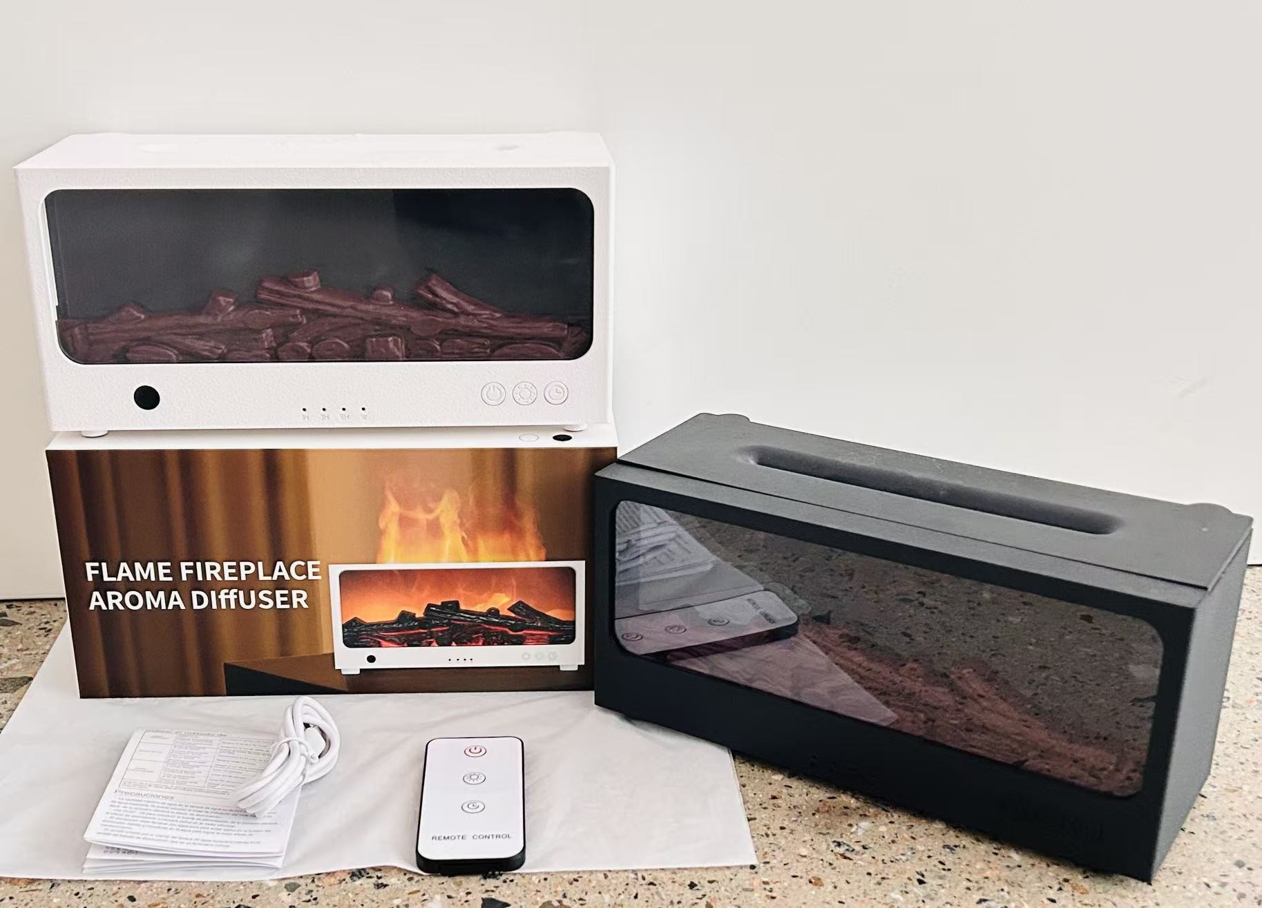 Yminigo LA-0661 flame fireplace aroma diffuser packaging with remote control and accessories
