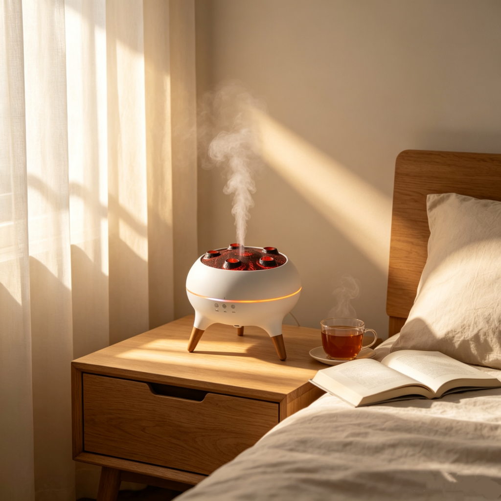 Yminigo V80 jellyfish diffuser on bedroom nightstand with soft glow