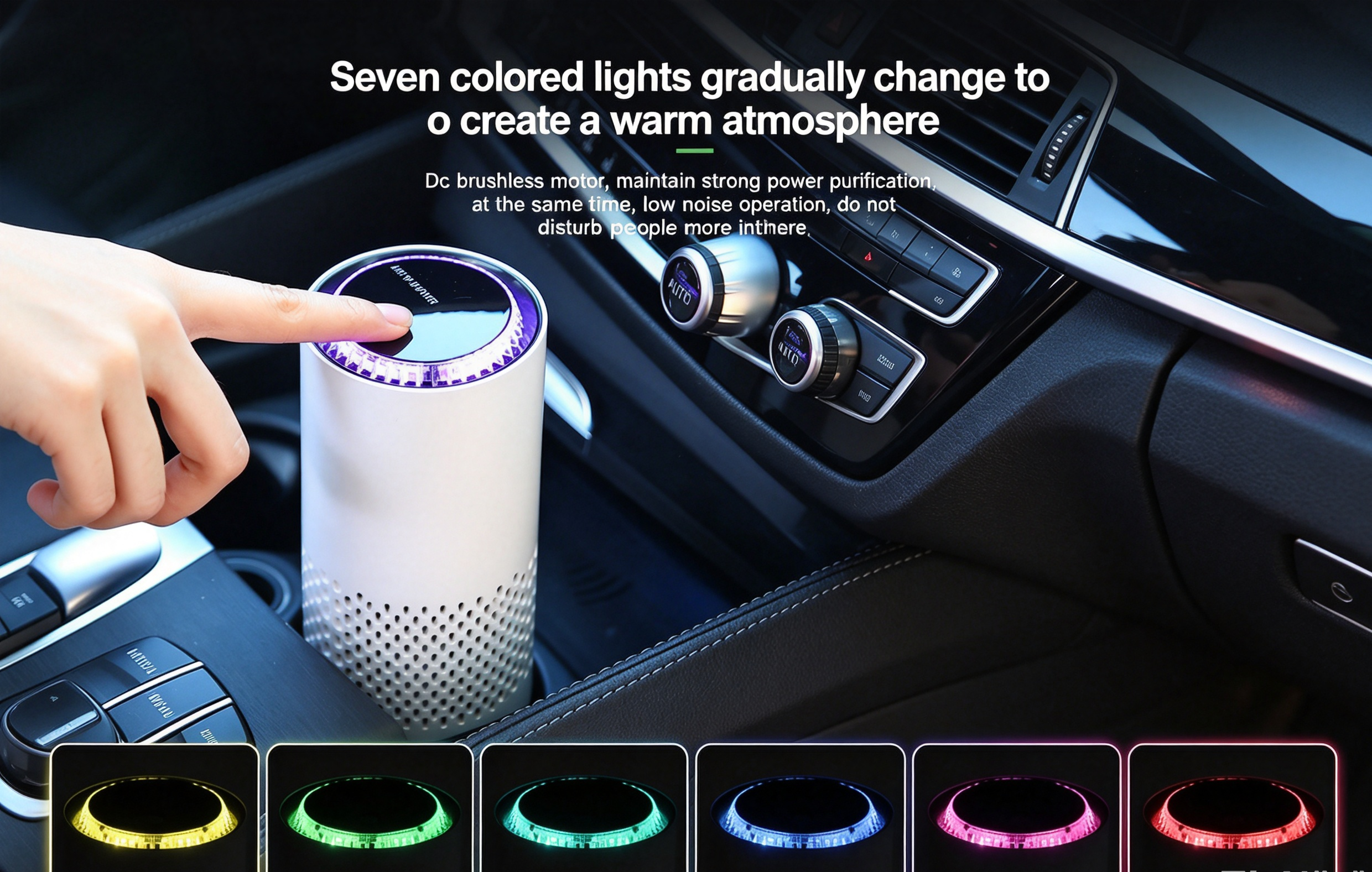 Yminigo car air purifier placed in vehicle cup holder interior