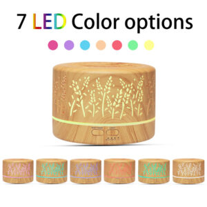 Yminigo light wood grain botanical humidifier showing 7 LED color options with a glowing yellow plant pattern