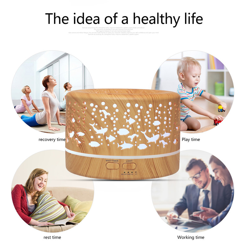 Yminigo wood grain dolphin humidifier centered among scenes of yoga, baby play, pregnancy rest, and office work