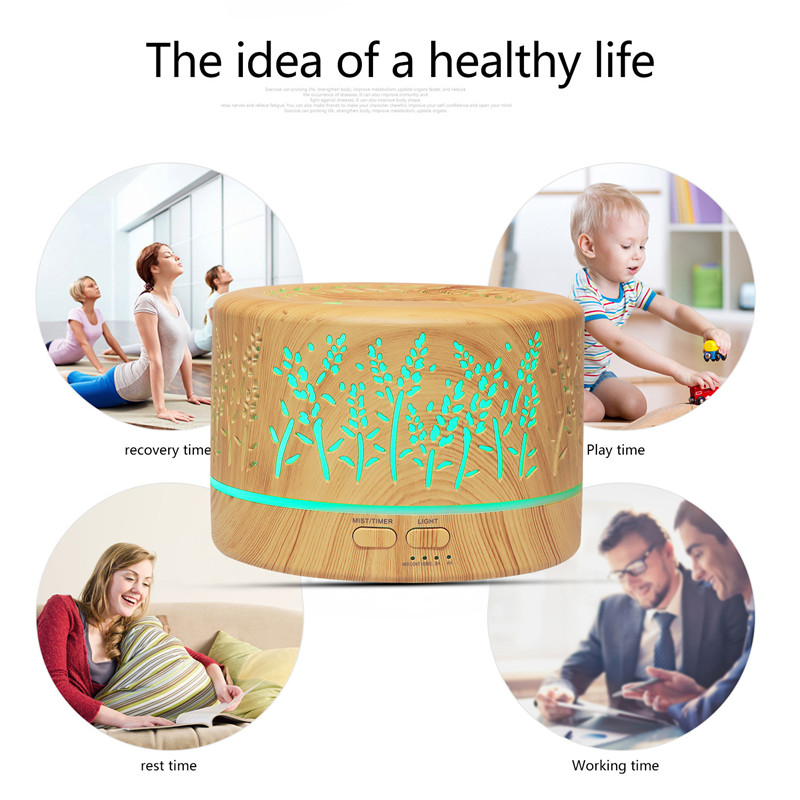 Yminigo botanical wood grain humidifier centered among scenes of yoga, baby play, pregnancy rest, and office work