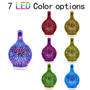 Yminigo glass aroma humidifier showing 7 LED color options with 3D firework light effects