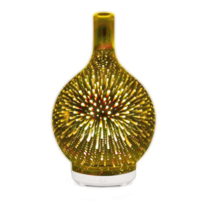 Yminigo glass aroma humidifier showcasing a vibrant golden-yellow 3D firework light projection