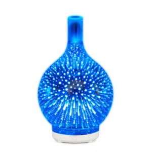 Yminigo glass aroma humidifier showcasing a vibrant blue 3D firework light projection