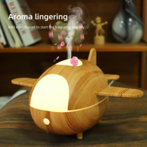 Yminigo light wood airplane humidifier emitting mist with floating pink petals for essential oil aromatherapy