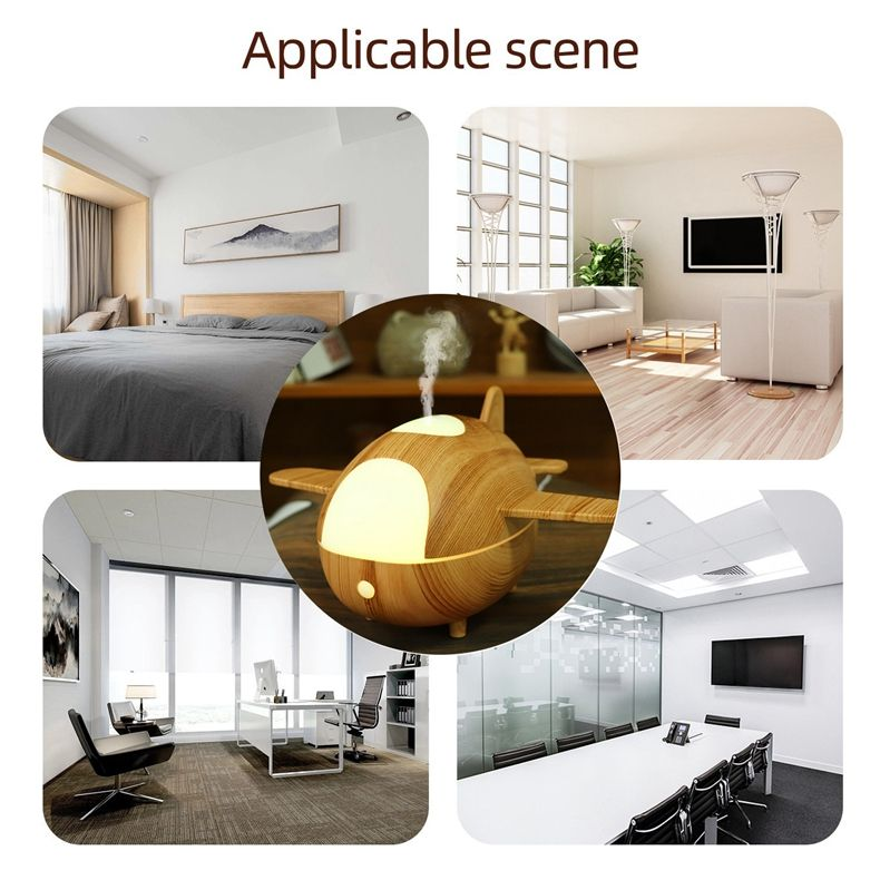 Yminigo wood grain airplane humidifier placed in various settings including a bedroom, living room, office, and meeting room