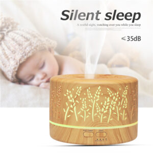 Yminigo light wood grain botanical humidifier operating silently at under 35dB next to a sleeping baby