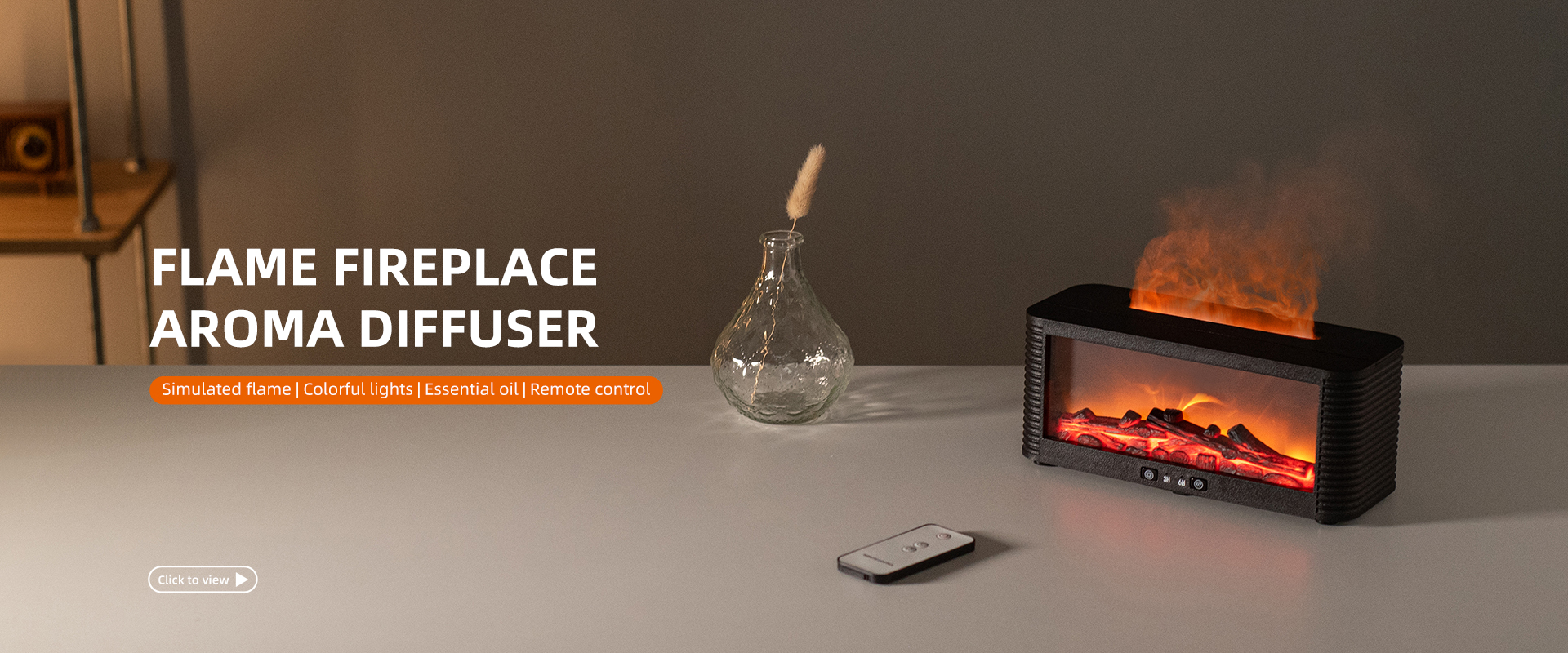 Yminigo flame fireplace aroma diffuser with simulated flame, colorful lights, and remote control on a table