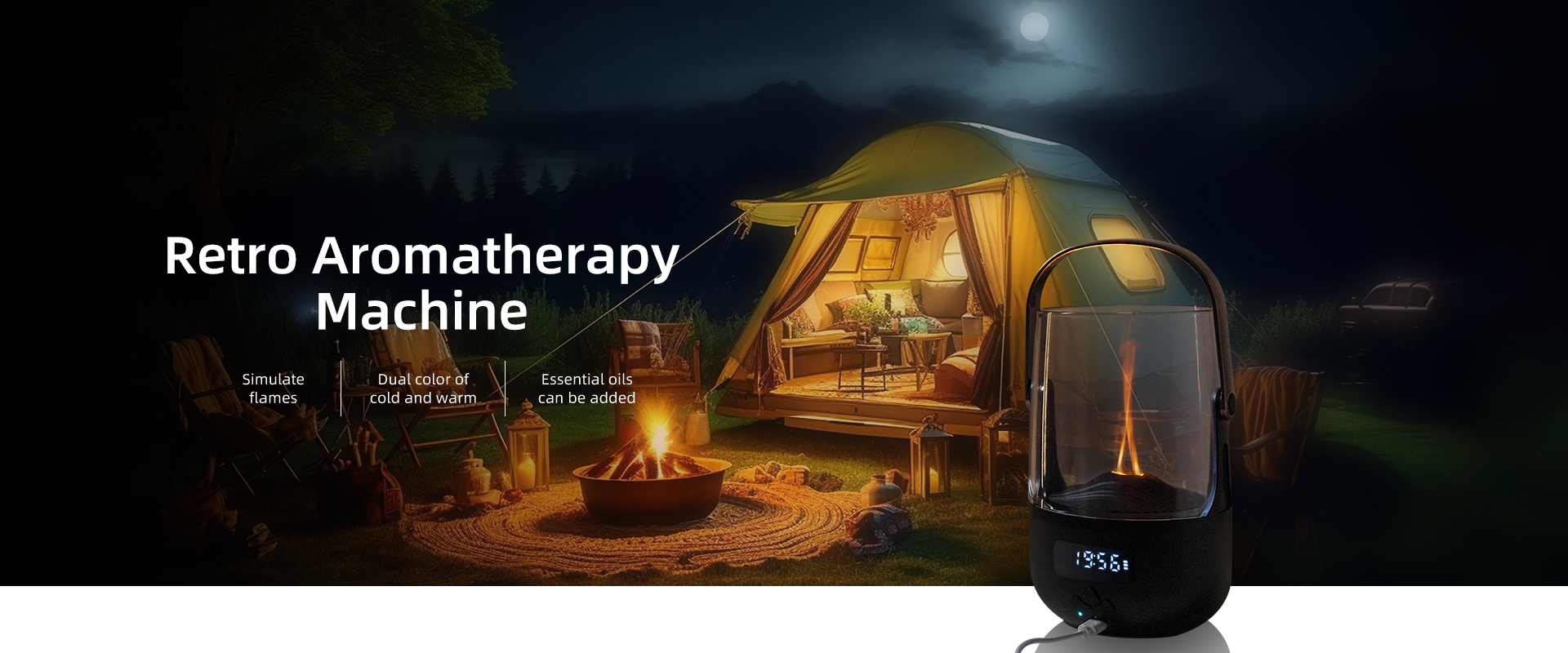 Yminigo retro aromatherapy machine with simulated flame in a night camping scene
