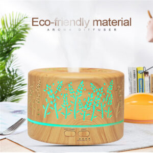 Yminigo eco-friendly wood grain aroma diffuser with a glowing cyan botanical pattern