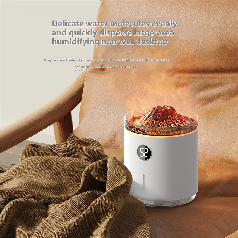 Yminigo V22 white volcano humidifier dispersing delicate water molecules without wetting the desktop
