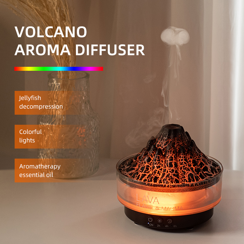 Yminigo volcano aroma diffuser with black crackle top emitting a jellyfish smoke ring and warm light