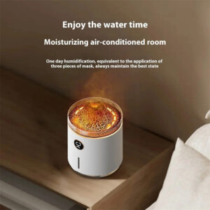 Yminigo V22 white volcano humidifier moisturizing an air-conditioned room with warm flame mist
