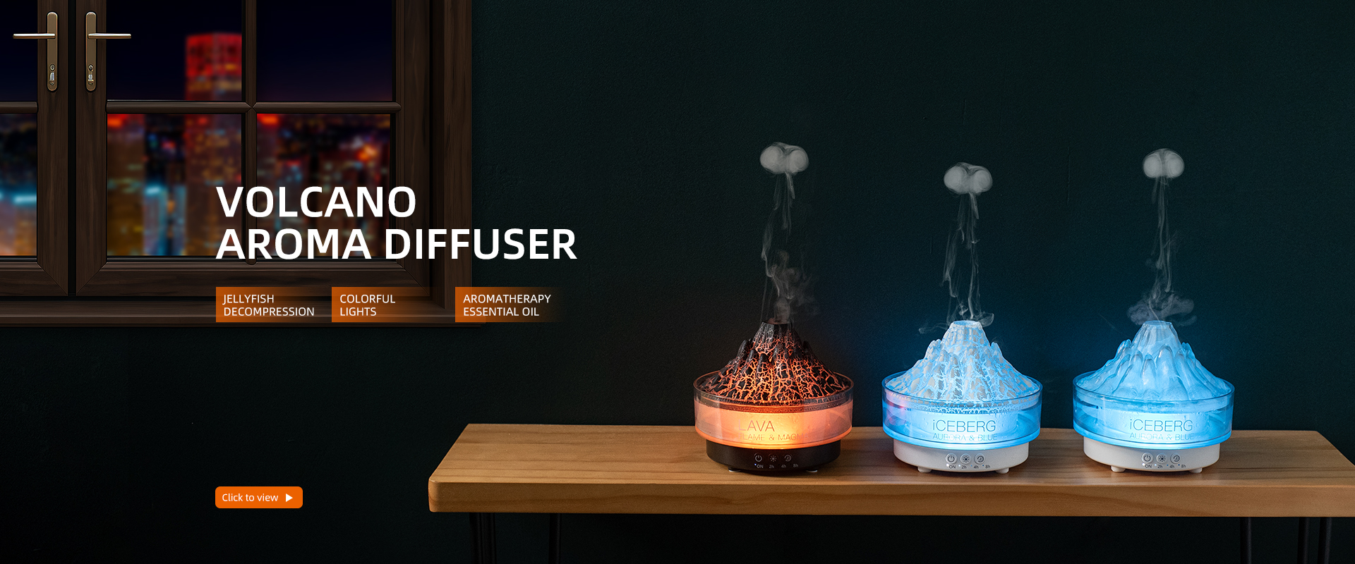 Yminigo volcano and iceberg aroma diffusers emitting jellyfish smoke rings with colorful lights