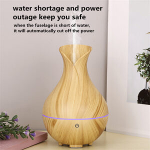 Yminigo light wood vase humidifier showing water shortage and power outage protection for safety