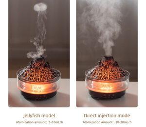 Yminigo volcano diffuser showing jellyfish mode and direct injection mode with different atomization amounts