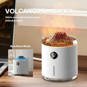 Yminigo V22 white volcano humidifier with 350ml tank and 1200mAh battery, showing warm flame and blue flame modes