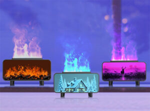 Yminigo LA-0659 aroma humidifier in three flame color modes with fireplace, cabin and deer scenes