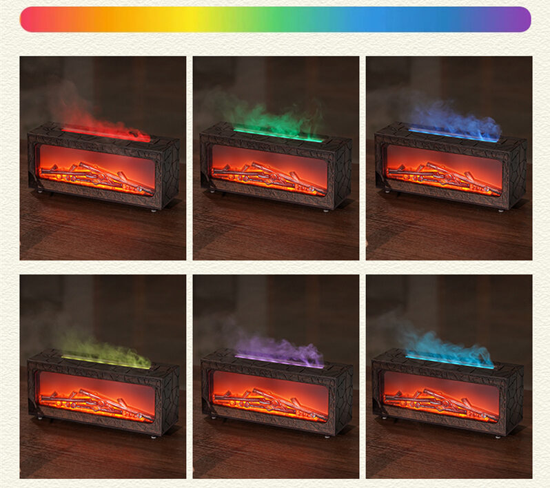 Yminigo Co6 flame aroma humidifier showing 7-color LED lighting options