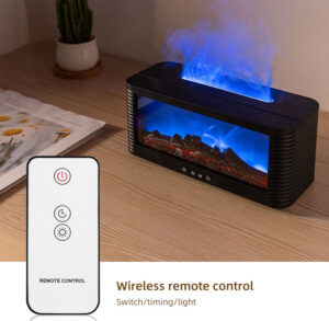 Yminigo flame fireplace aroma diffuser displaying a blue flame effect with a wireless remote control