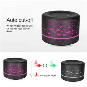 Yminigo dark wood grain aroma humidifier showing auto cut-off protection when water level is low