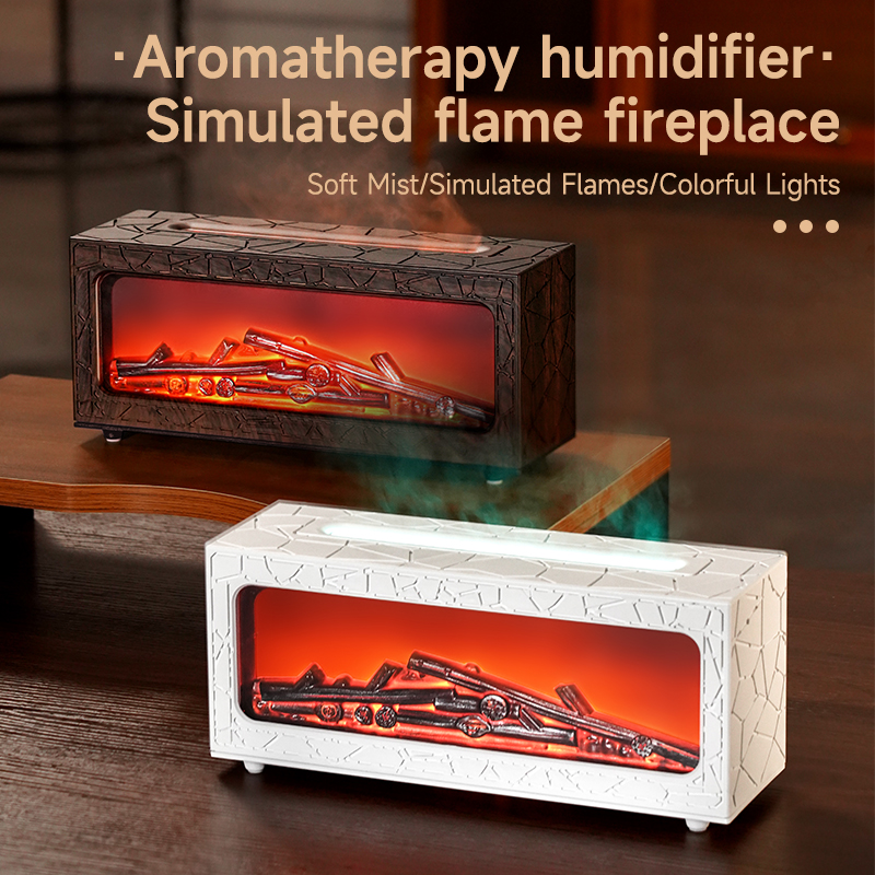Yminigo Co6 flame aromatherapy humidifier with crackle finish and simulated fireplace