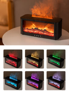 Yminigo flame fireplace aroma diffuser showing realistic fire effect and 7-color lighting options