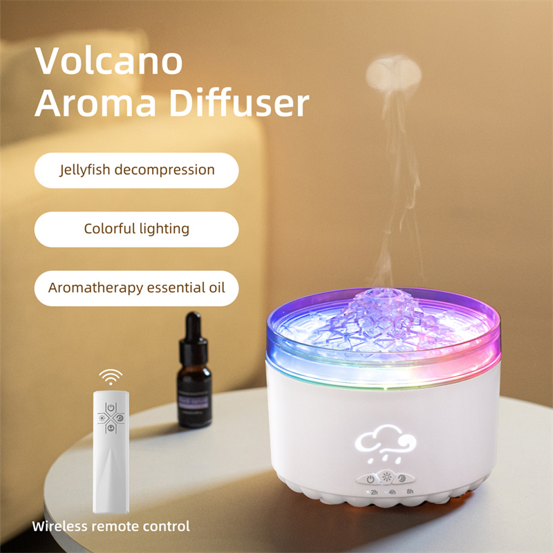 Yminigo V76B white volcano aroma diffuser with a glowing ice-crackle top and jellyfish smoke ring