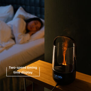 Yminigo retro flame aroma diffuser on a nightstand with two-speed timing while a woman sleeps