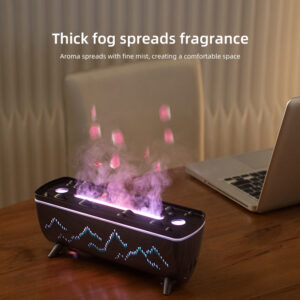 Yminigo V72 black Yuanshan humidifier spreading thick pink fog and fragrance on a wooden desk