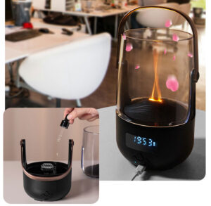 Yminigo retro flame aroma diffuser showing essential oil being added and a romantic flower petal mist effect
