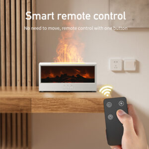 Yminigo DQ717 white flame fireplace diffuser being operated by a smart remote control