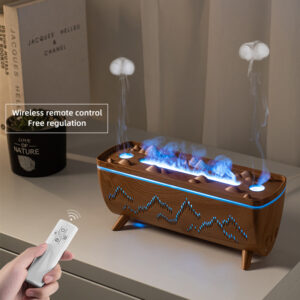 Yminigo V72 wood grain humidifier with blue jellyfish smoke rings being operated by a wireless remote control