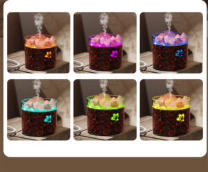 Yminigo C03 crystal saltstone humidifier showing 7-color LED lighting options with mist