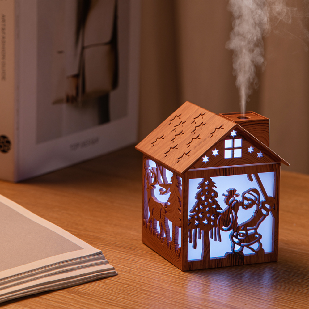 Yminigo wood grain Christmas snow house humidifier with Santa and reindeer pattern