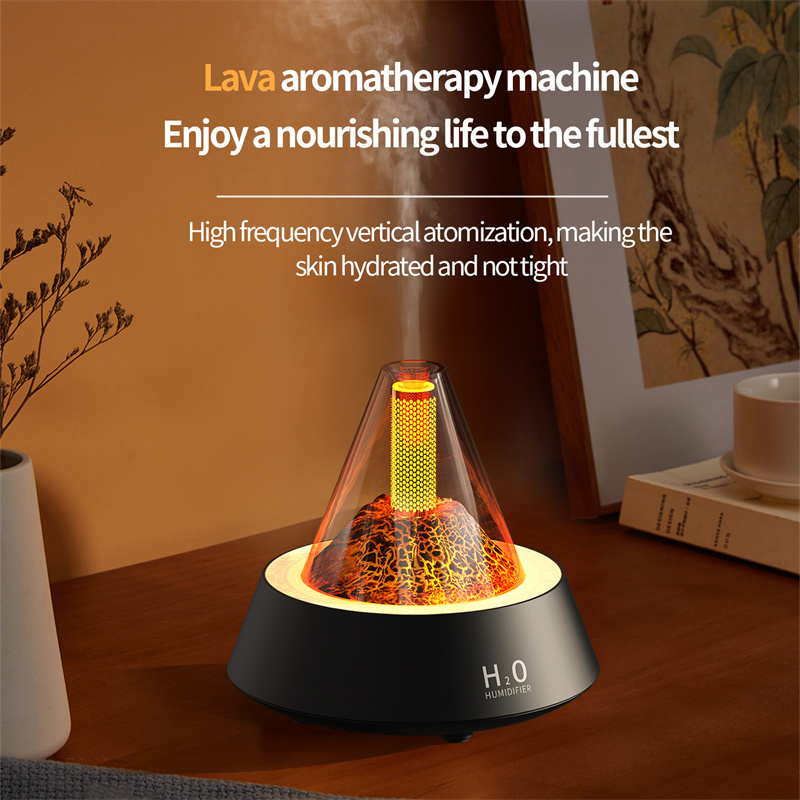 Yminigo black lava aromatherapy humidifier with warm glowing core and vertical mist